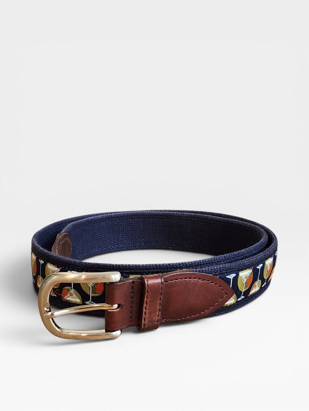 Men's Navy Canvas Belt with Brown Leather Trim and Cocktail Martini